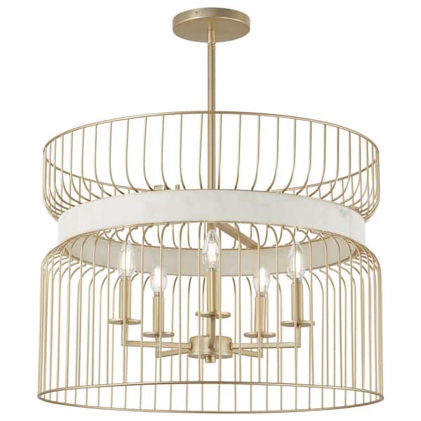 Minka Lavery Park Slope 60-Watt 5-Light Nouveau Gold Cage Pendant Light with Faux Alabaster Ring and No Bulbs Included