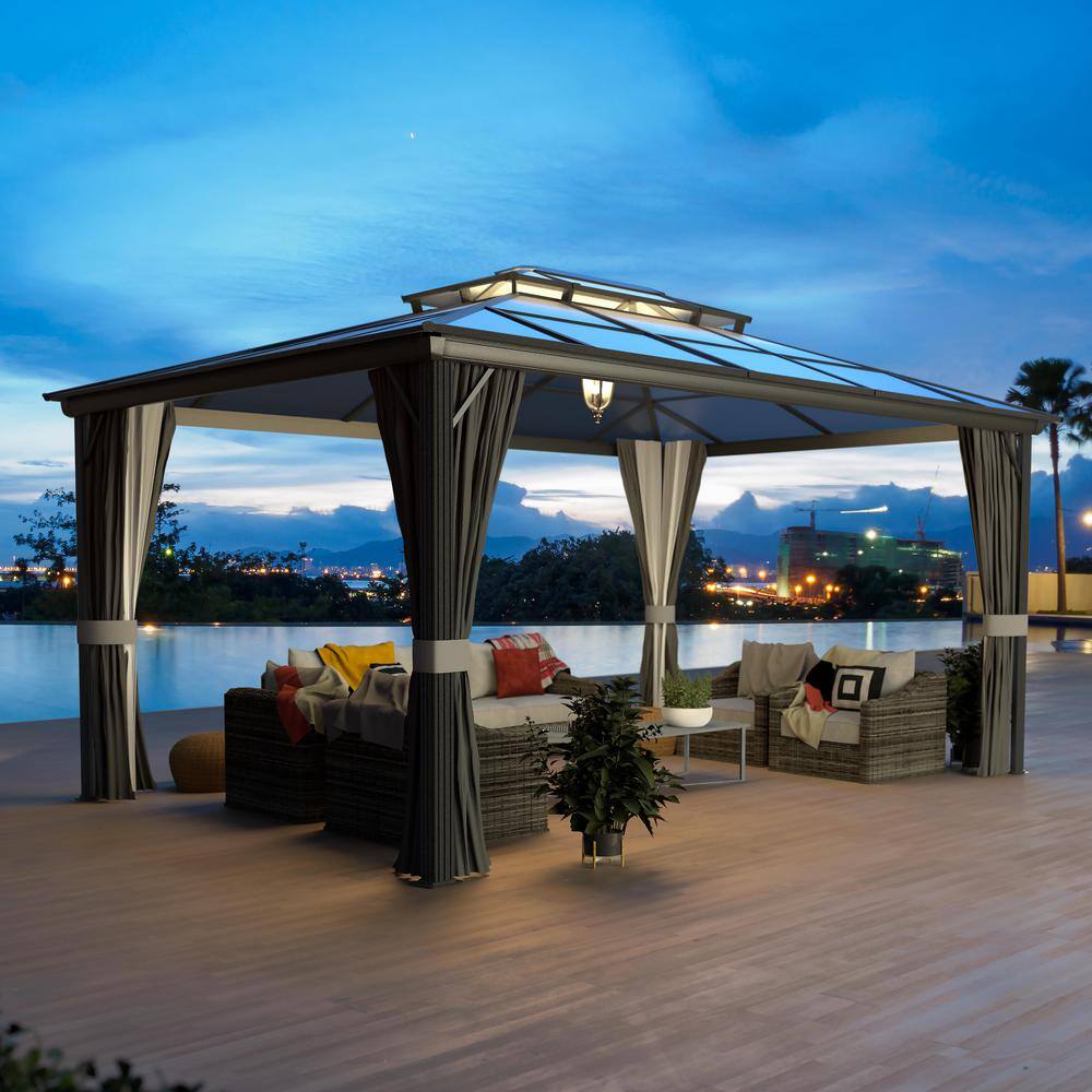 16' x 12' Black Aluminum Patio Gazebo with Curtains