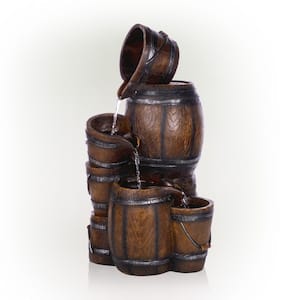 24 in. H Indoor/Outdoor Tiered Barrels and Buckets Fountain, Brown