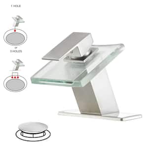 Glass Spout Waterfall Single Hole Single Handle Bathroom Sink Faucet With Pop Up Drain With Overflow In Brushed Nickel