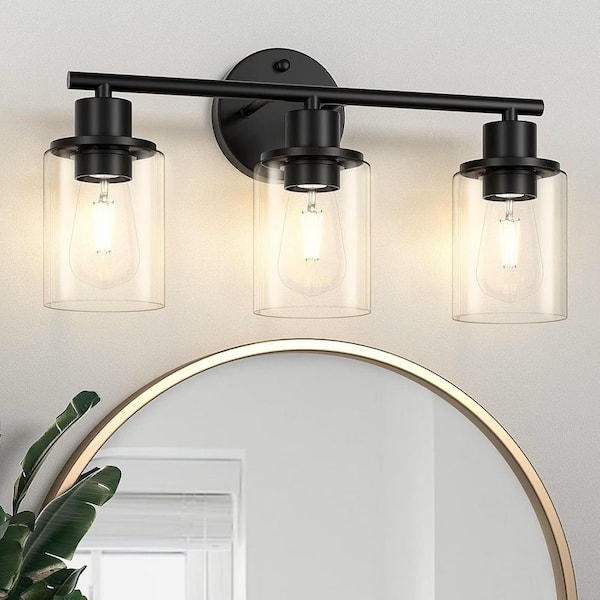 17 in. 3-Light Vanity Light Wall Sconces with Clear Shade in Matte Black for Bathroom Lighting (Black, 3-Light)