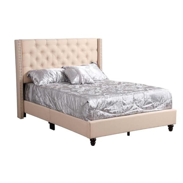 AndMakers Julie Beige Tufted Upholstered Low Profile Full Panel Bed