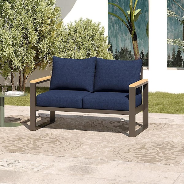 AURA OUTDOOR Outdoor Aluminum Patio Loveseat, All-Weather Patio Conversation Set with Blue Cushions