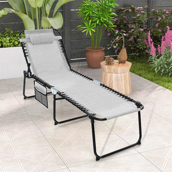 1-Piece Metal Outdoor Folding Chaise Lounge Chair Portable Sun Lounger with Adjustable Backrest in Grey