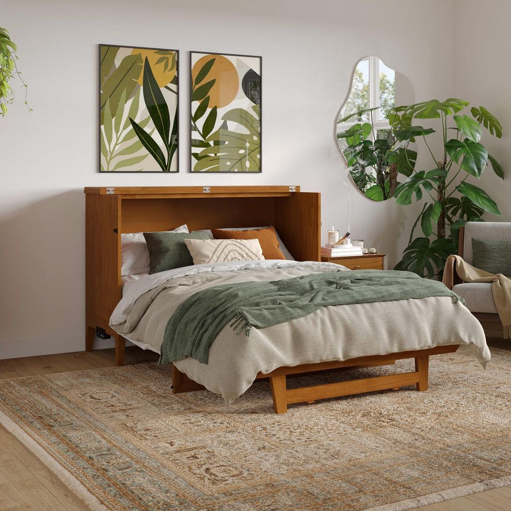 Light Toffee Full Wood Murphy Bed Chest with Mattress and USB Charger