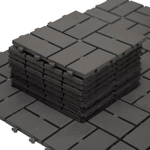12 in. x 12 in. Waterproof Outdoor Interlocking Slat Plastic Patio and Deck Tile Flooring in Dark Gray (Set of 9)