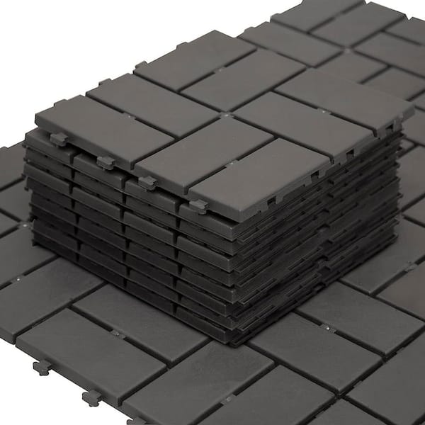 Cesicia 12 in. x 12 in. Waterproof Outdoor Interlocking Slat Plastic Patio and Deck Tile Flooring in Dark Gray (Set of 9)
