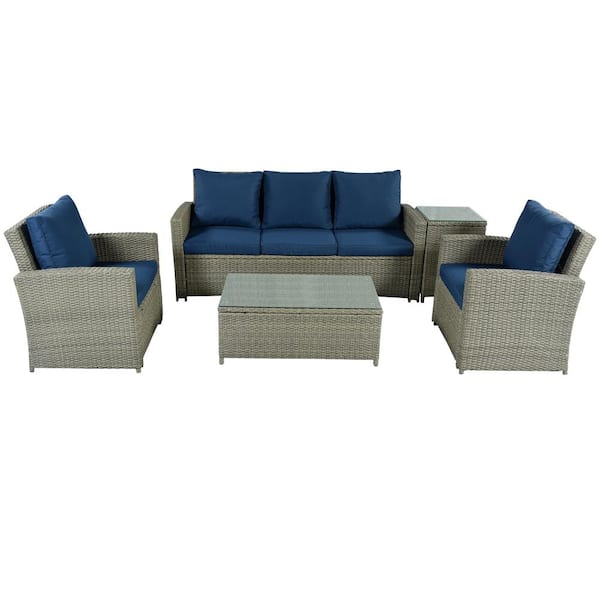 FORCLOVER Gray 5-Piece Wicker Patio Conversation Set with Blue Cushions and Tables