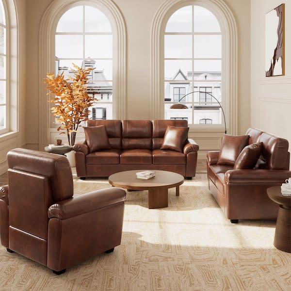 Morden Fort 3-Pieces Glam Mid-Century Couch Set Brown Faux Leather Sofa Loveseat and Chair Living Room Set with Pillows