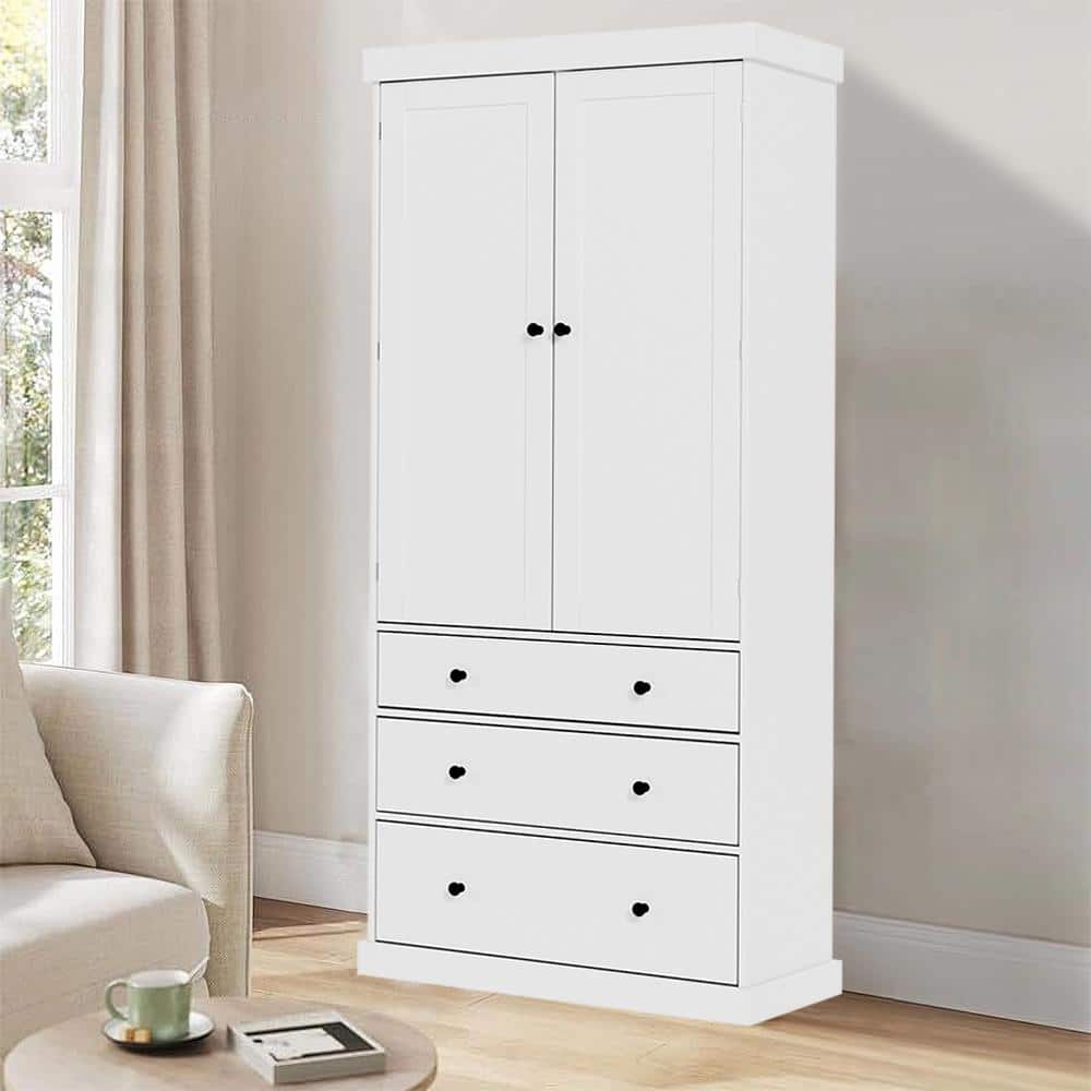35 in. W x 17.7 in. D x 77 in. H White Linen Cabinet with 3 Adjustable Shelves, 8 Door Shelves, 3 Drawers