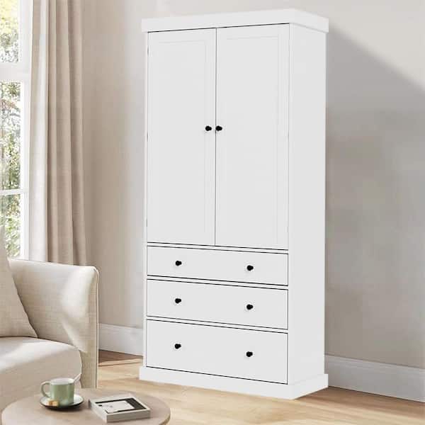 35 in. W x 17.7 in. D x 77 in. H White Linen Cabinet with 3 Adjustable Shelves, 8 Door Shelves, 3 Drawers