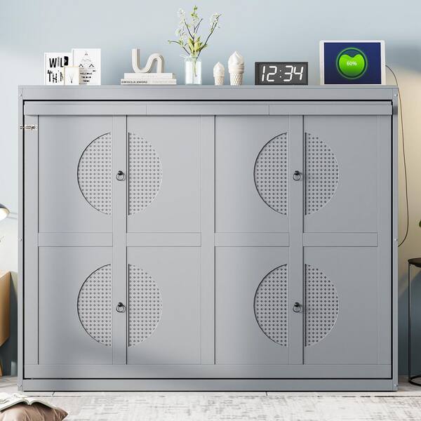 Gray Wood Frame Queen Size Murphy Bed with Rattan Design