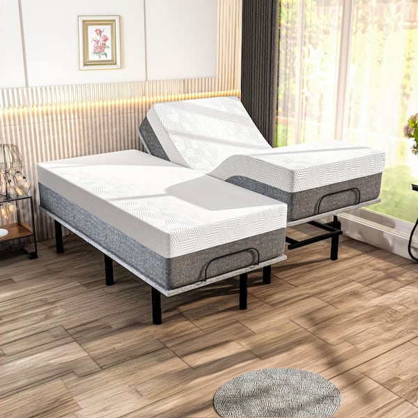 Renanim Gray Split-King Adjustable Bed Frame USB, APP, Massage, Head/Foot Incline, Under Bed Light with 12 in. Hybrid Mattress