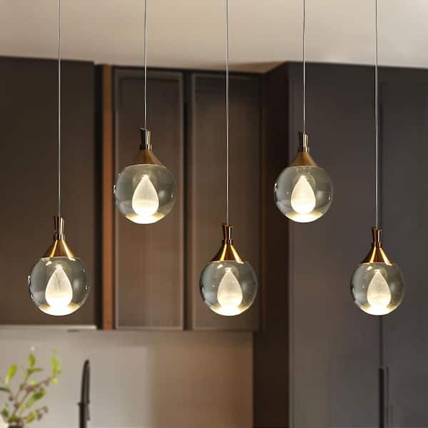LNC Dsenlupor 5-Light Integrated LED Plating Brass Linear Island Chandelier with Clear Glass