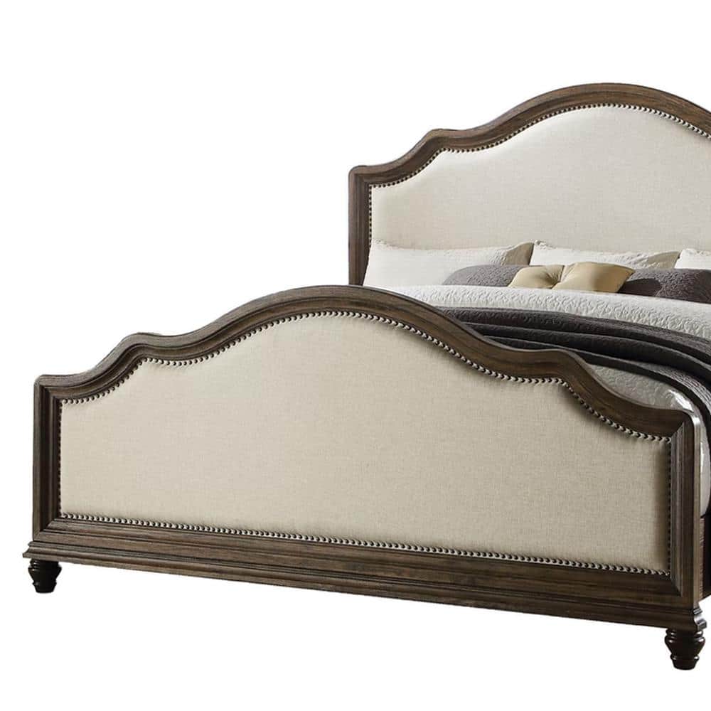 Elegant Queen Bed with Nailhead Trim in Beige Linen & Weathered Oak