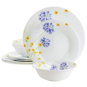 Violet Floral 12-Piece Tempered Opal Glass Dinnerware Set