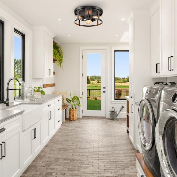 13 in. 3-Light Indoor Matte Black Drum Flush Mount Ceiling Light for Hallway