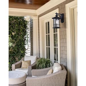 Ryder 1-Light Black Outdoor Wall Lantern Sconce with Seeded Glass (2-Pack)