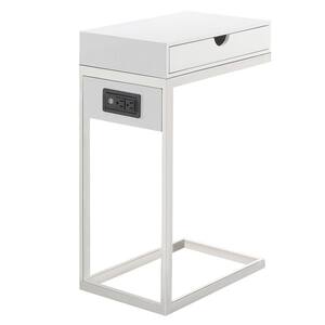 Magnus White/Chrome End Table with 2-USB Charging Ports, 2-Outlets and Power Plug