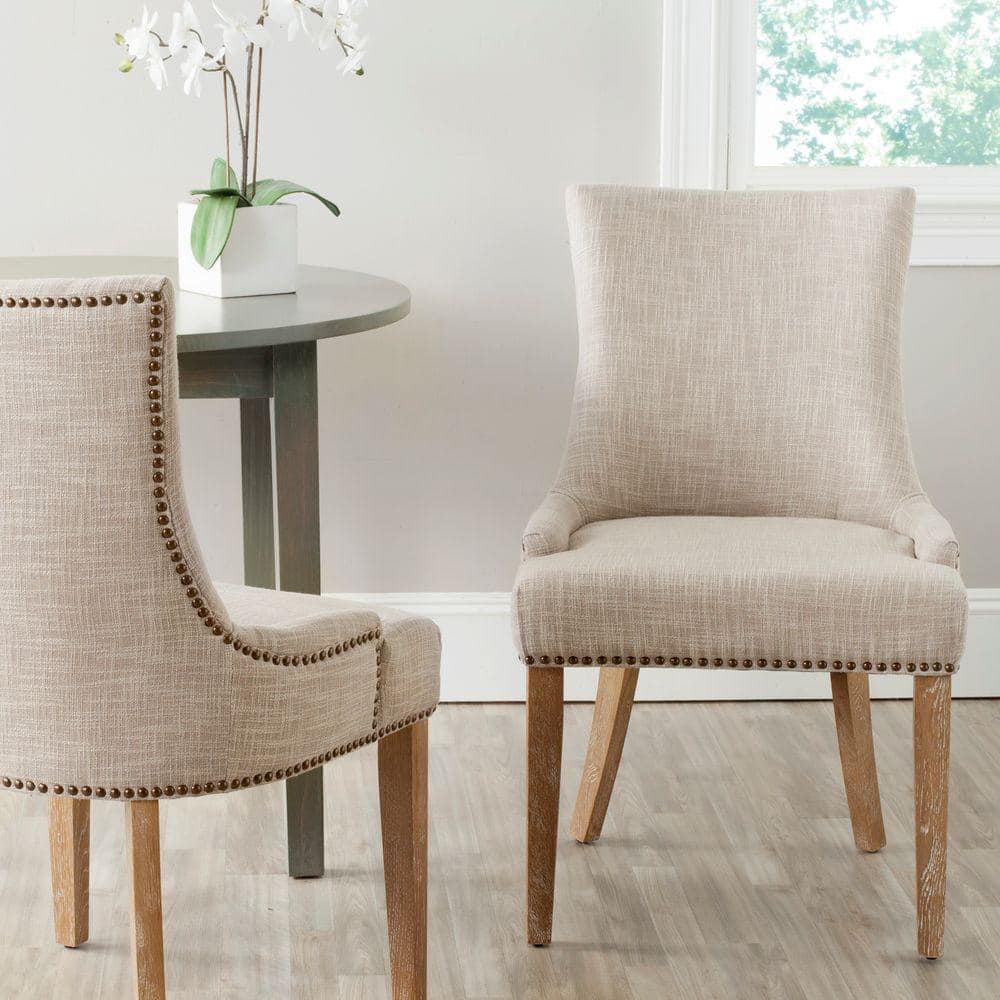 Gray Linen Upholstered Parsons Dining Chairs with Wood Legs, Set of 2