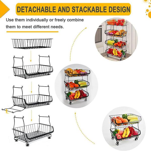 4-Piece Stackable Metal Wire Baskets Cart Fruit Vegetable Storage Basket  Snack Organizer Bins for Kitchen CX921BK-4B - The Home Depot