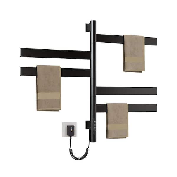 Rotary 5-Bar Wall-Mounted Plug-in Electric Towel Warmer with Smart Touch Screen and 180° Swivel Design in Black