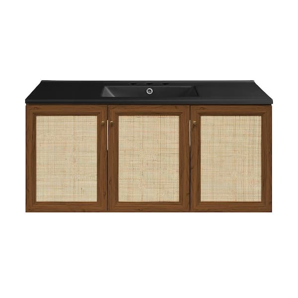 Classe 48 in. Wall-Mounted Bathroom Vanity in Brown Oak with Black Ceramic 3-Hole Widespread Sink Top