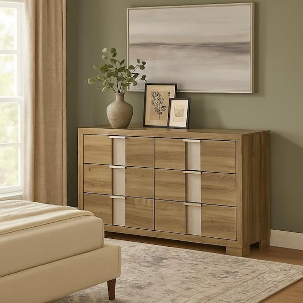 Benjara Amey Natural Brown and Silver 6 drawer 58.07 in. Dresser without  Mirror BM338376
