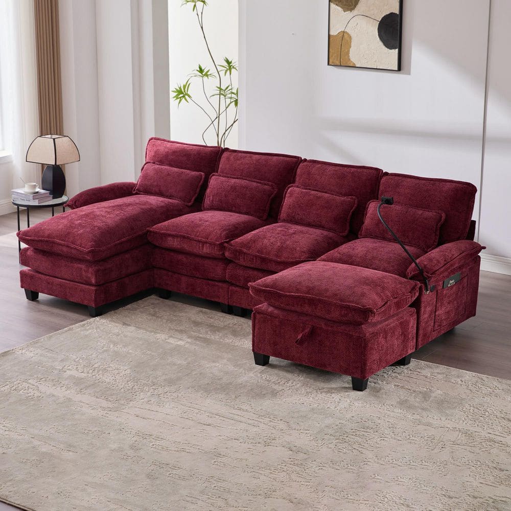 Myrrh 106.69 in. Chenille U Shaped Sectional Sofa in. Red with 2 Ottomans, Charging Ports, Phone Holder, Side Pockets