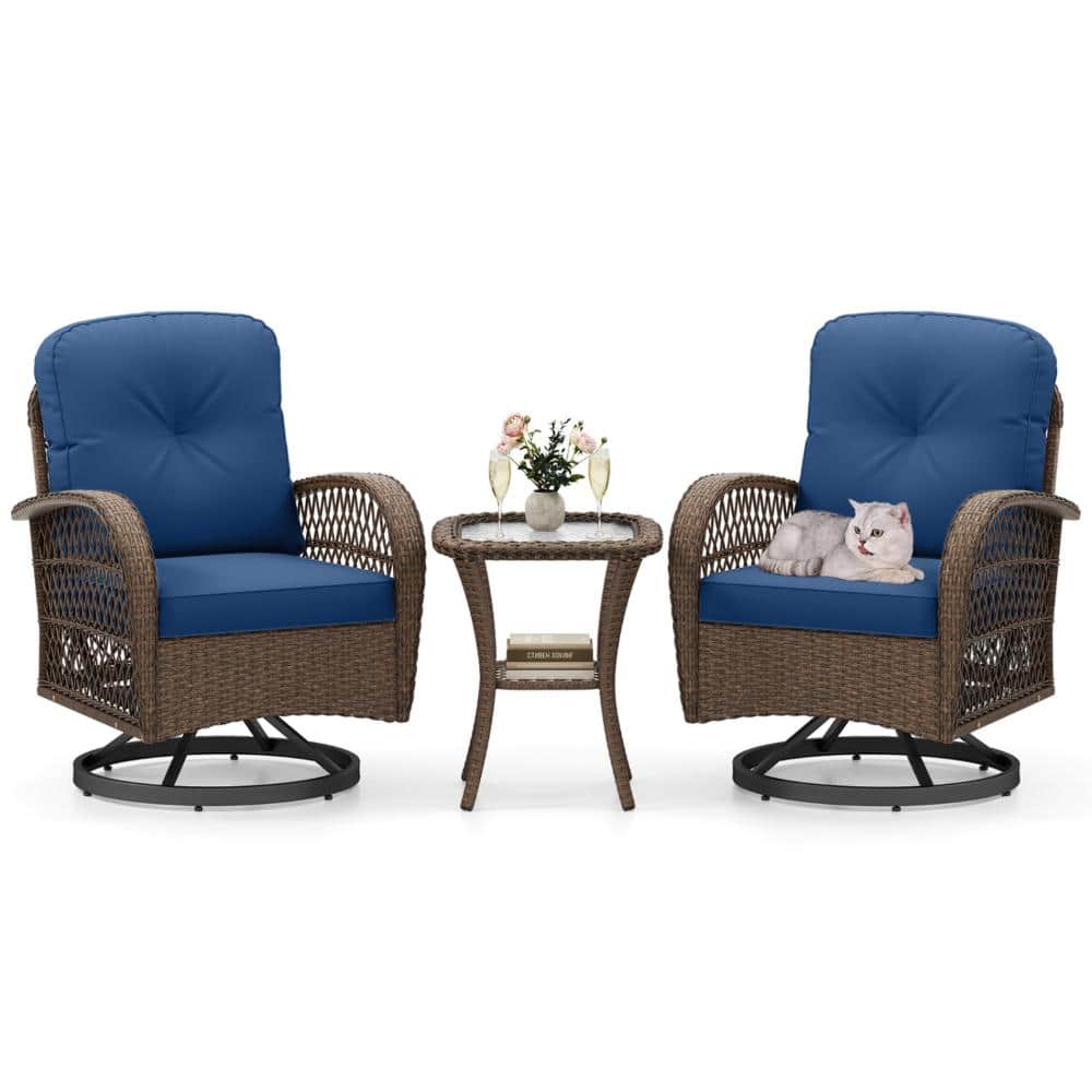 3-Piece PE Rattan Patio Swivel Rocker Set with Cushions and Glass Side Table, Navy price history on PriceWatchPro
