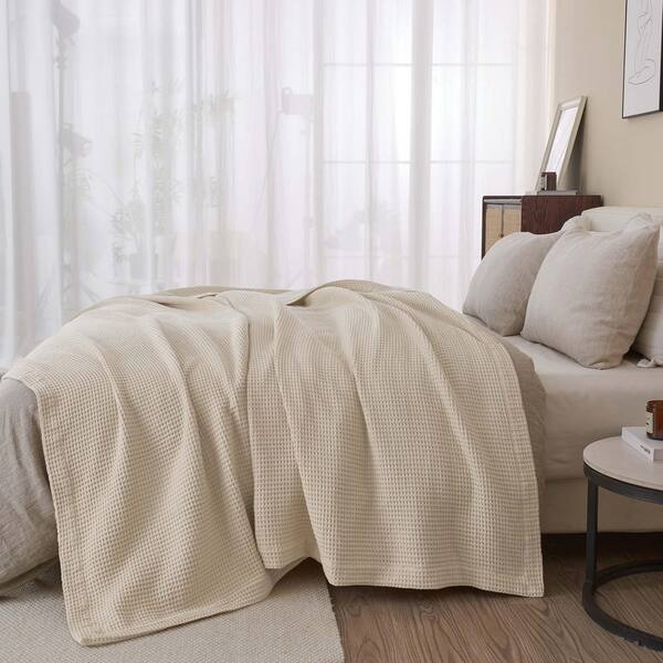 FRESHFOLDS Beige 100% Cotton Twin Lightweight Waffle Weave Blanket