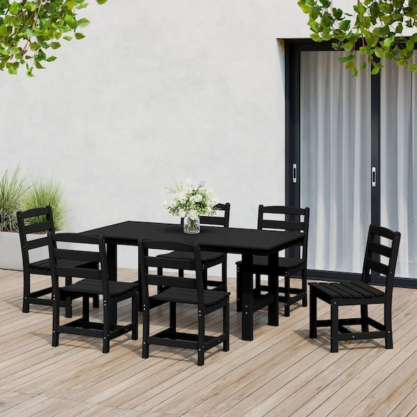 Shoreside 7-Piece All Weather HDPE Plastic Outdoor Patio Dining Set w/ Side Chairs, Black
