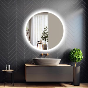 RS 30 in. W x 30 in. H Round Frameless Beveled Edge 3 Colors Dimmable LED Memory Wall Mount Bathroom Vanity Mirror
