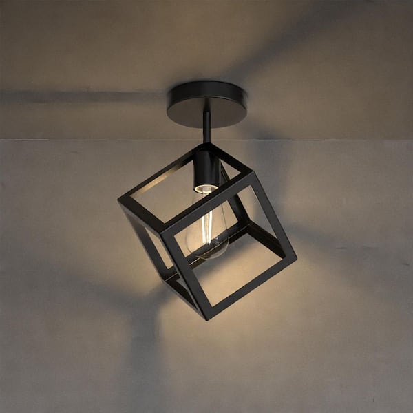 9 in. 1-Light Industrial Black Semi-Flush Ceiling Light with Metal Cage Shade for Porch and Hallway