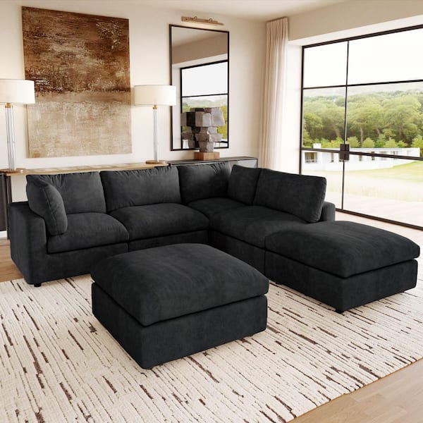 100 in. Square Arm 6-Piece Chenille L-Shaped Modualr Sectional Sofa Corner Couch with Ottomans for Gathering in. Black