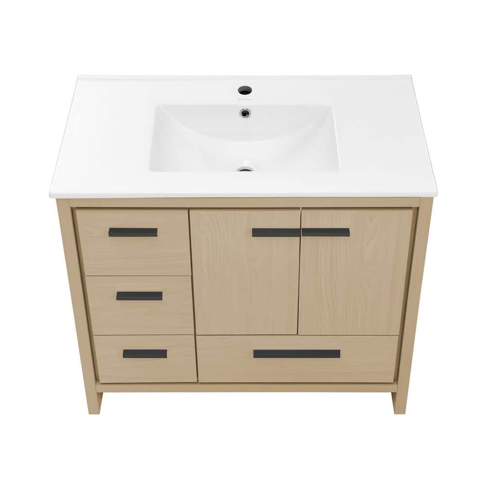 Virage 36" Light Oak MDF Freestanding Bathroom Vanity with Ceramic Top