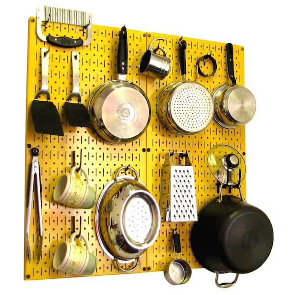 Wall Control Kitchen Pegboard 32 in. x 32 in. Metal Peg Board Pantry Organizer Kitchen Pot Rack Yellow Pegboard and Black Peg Hooks