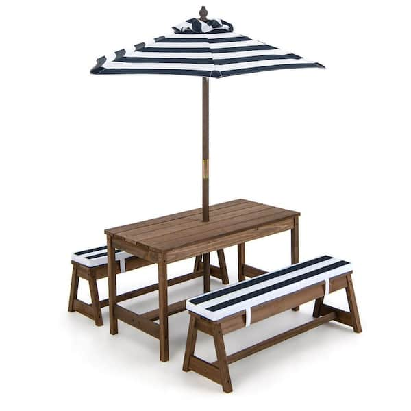 ANGELES HOME 35 in. Blue Rectangle Fir Wood Kids Picnic Table and Chairs with Cushions and Height Adjustable Umbrella