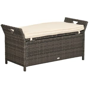 27 Gal 2in1 Large Capacity Rectangle Patio Wicker Outdoor Storage Bench, PE Rattan with Handles and Cushion, Cream White
