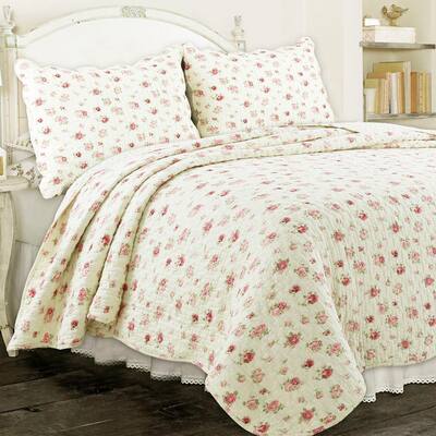 Soft Subtle Ditsy Rose Floral Garden 3-Piece Pink Cream Scalloped Shabby Chic Cotton Queen Quilt Bedding Set
