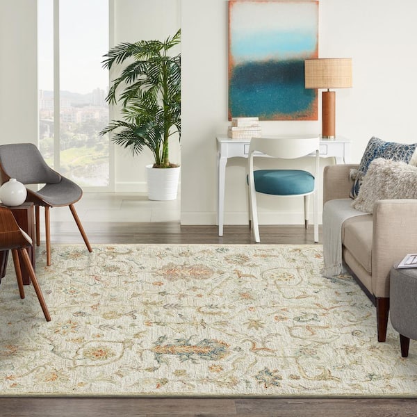 Cream/Taupe/Blue 7 ft. 9 in. x 9 ft. 9 in. Traditional Floral Wool Hand Tufted Area Rug
