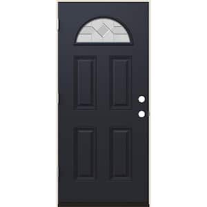 36 in. x 80 in. Right-Hand Fan Lite Decorative Glass Caldwell Black Fiberglass Prehung Front Door