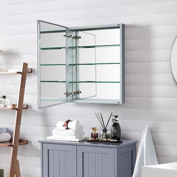 Forclover KF 19-in x 30-in Surface/Recessed Mount Satin Mirrored Soft Close Medicine Cabinet