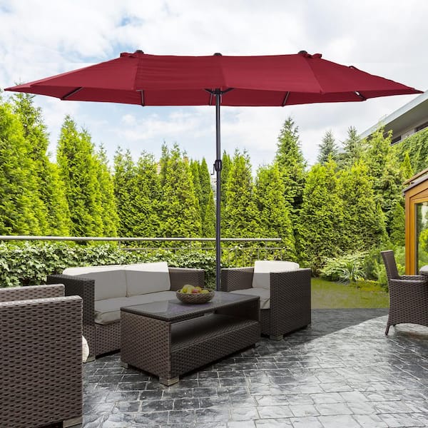 15 ft. Steel Rectangular Outdoor Double Sided Market Patio Umbrella with UV Sun Protection and Easy Crank in Red Wine