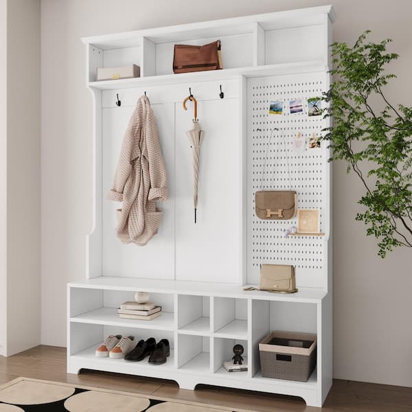 Unbranded 57.48 in. W x 14.96 in. D x 77. 17in. H White Wood Hall Tree with Shoe Bench, Coat Rack, Storage Shelves and Pegboard
