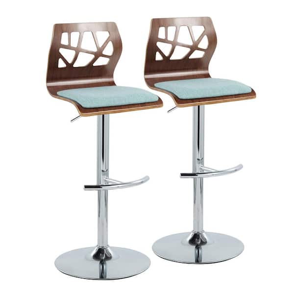 Lumisource Folia 32.5 in. Teal Fabric, Walnut Wood and Chrome Metal Adjustable Bar Stool (Set of 2)