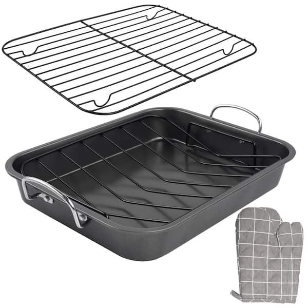 Numhew 4-Piece Carbon Steel Roasting Pan Set with 16 in. x 11.5 in. Roasting Pan, Baking Rack, Cooling Rack and Oven Mitts