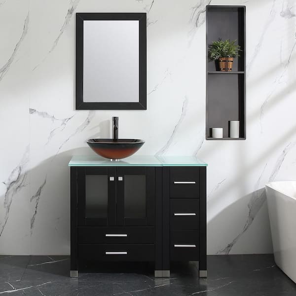 36 in. W x 21.3 in. D x 29.1 in. H Single Sink Bath Vanity in Black with Glass Top and Mirror
