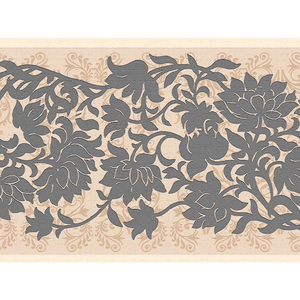 Dundee Deco Falkirk Dandy II Grey Flowers Scrolls Floral Peel and Stick Wallpaper Border