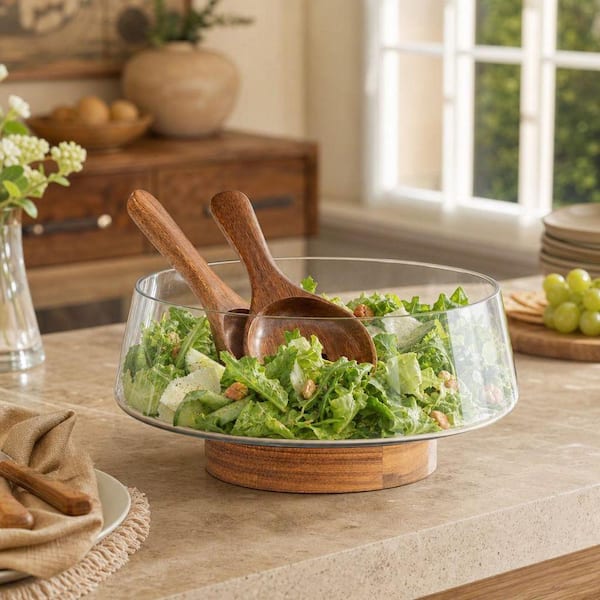 Wudkey 3-Piece Elegant Acacia Wood Base Glass Salad Bowl Set with